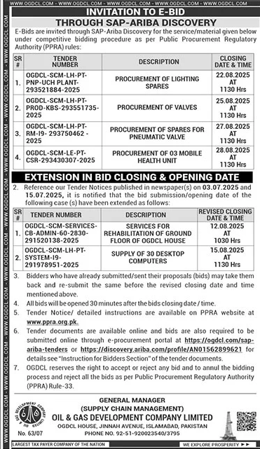 Oil & Gas Development Company Limited Islamabad Tender Notice